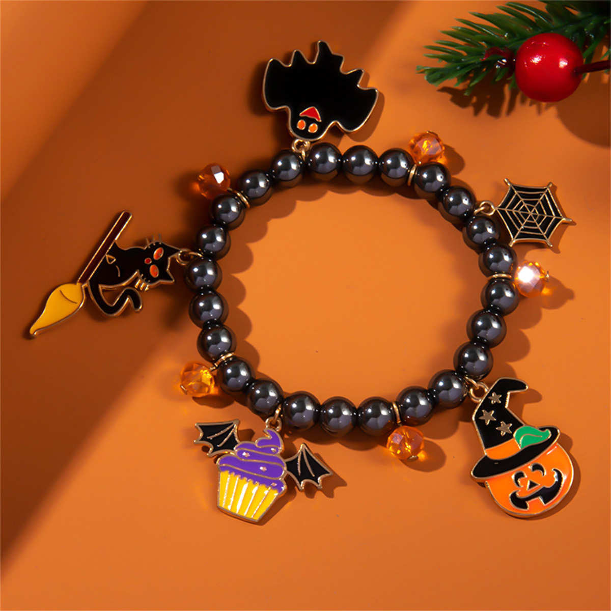 Topi penyihir Halloween lucu gelang jaring laba-laba hitam labu kucing hantu untuk wanita pria perhiasan gelang manik-manik kristal laba-laba antik