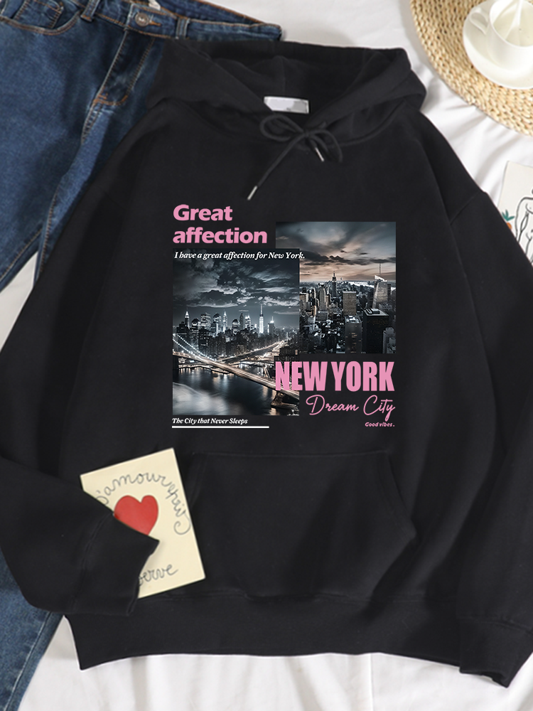 New York Dream City nadruki bluzy z kapturem damska wygodna uniwersalna bluza jesienna miękka bluza polarowa Casual ciepłe bluzki