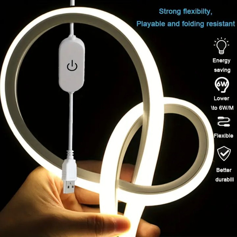 Tira de luces LED de neón, USB DC 5V, interruptor con sensor táctil regulable, cinta de neón de silicona flexible, impermeable, para decoración de habitaciones al aire libre