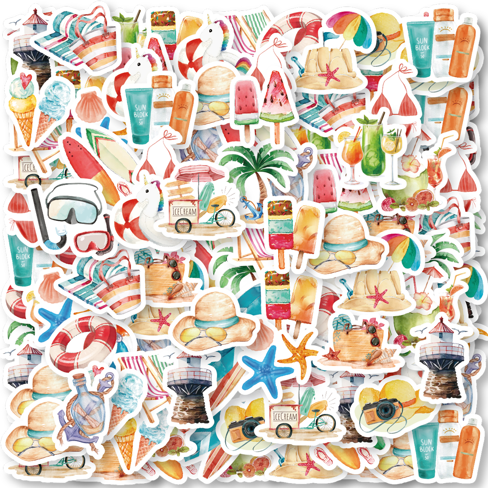46 pezzi stelle marine, gelato, bikini spiaggia oceano adesivi a tema diario decorato notebook bottiglia d'acqua skateboard giocattoli per bambini