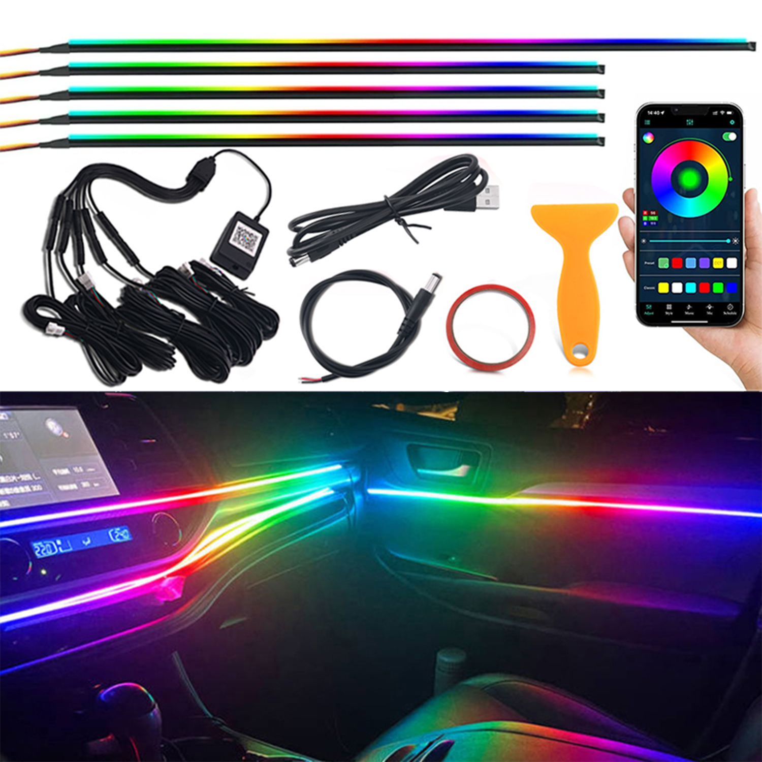 2/5/6 In 1 รถ LED Ambient ไฟ Symphony Rainbow ภายใน RGB นีออนอะคริลิคชุด USB บรรยากาศแสง APP Control
