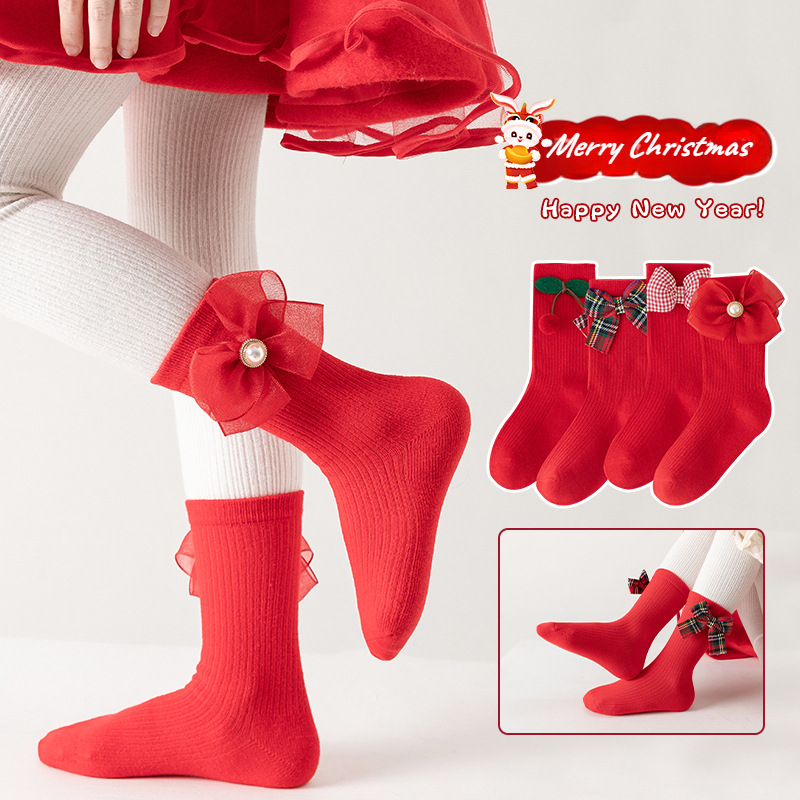 Calcetines con lazo para niños, medias navideñas, nuevas medias para bebés, calcetines para niñas, calentadores de piernas de otoño e invierno para Navidad de 2025, Año Nuevo