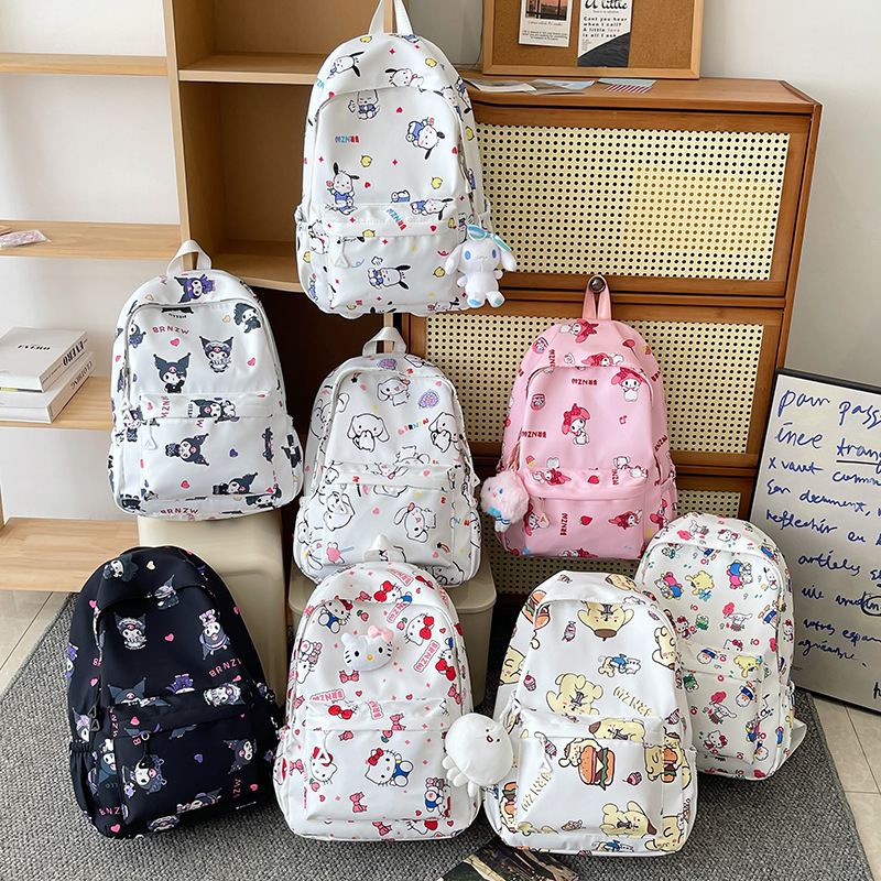 2024 Sanrio กระเป๋าเป้สะพายหลังน่ารัก Kuromi Melody Cinnamoroll จุได้เยอะเด็กหญิงเด็กชายการ์ตูน Hello Kitty ผ้าใบกระเป๋านักเรียน