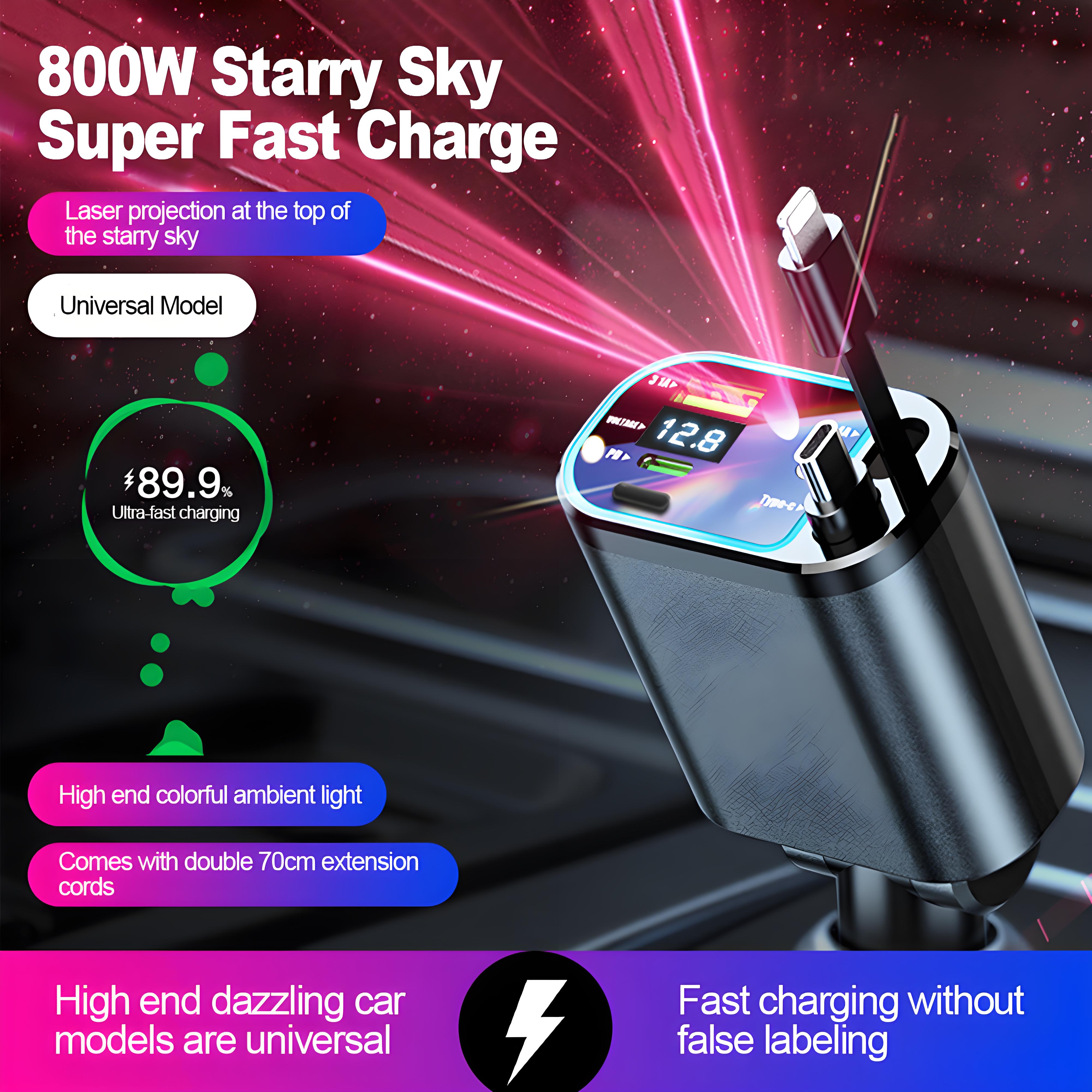 5 in 1 リトラクタブルカーチャージャー、USB Cケーブル付き、ルーフスターライトカーチャージャーアダプター、iPhone、Huawei、Samsung対応