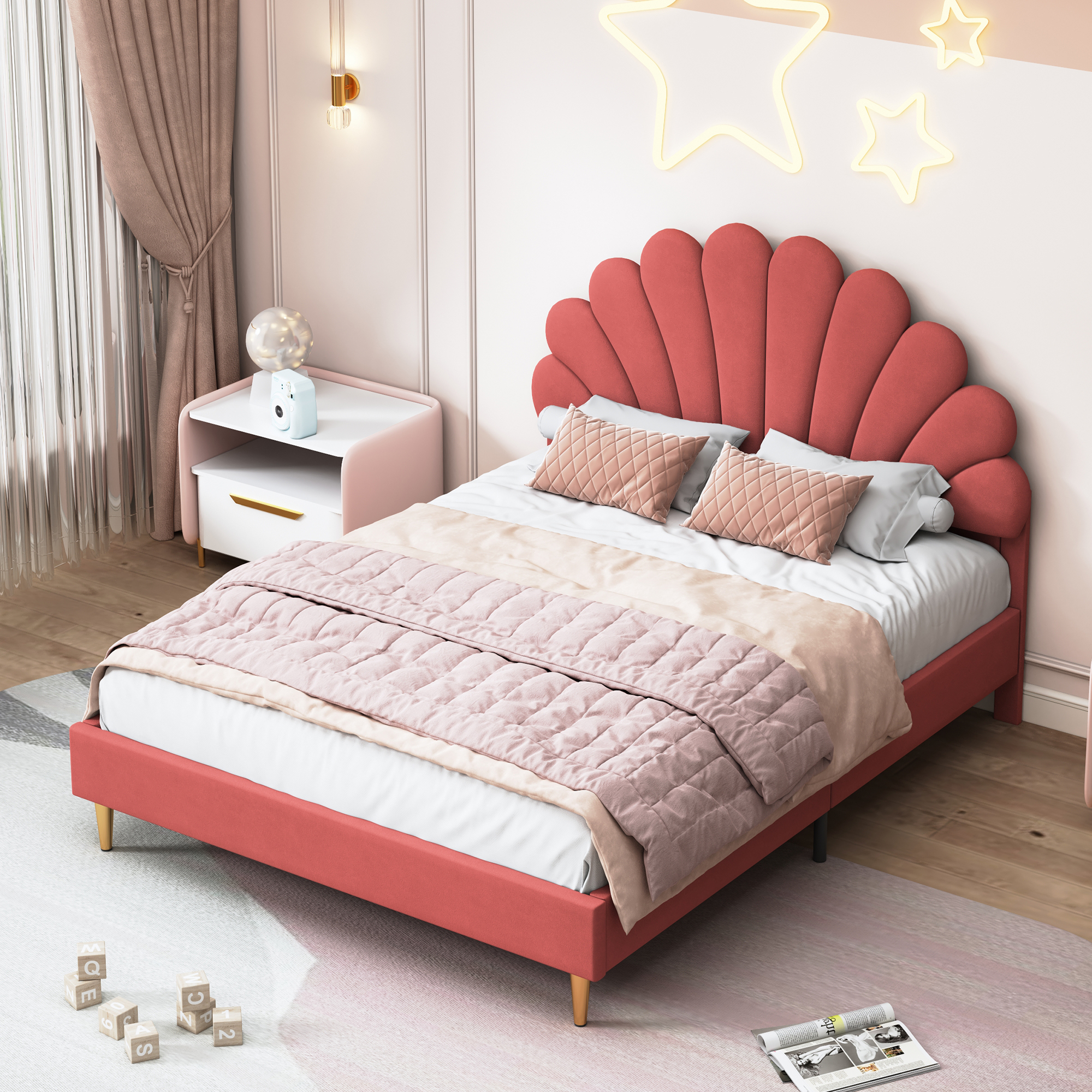 Polster bett mit blumen förmigem Kopfteil und Lattenrost Kinder bett Jugend bett Samt-140x200cm-ohne Matratzen