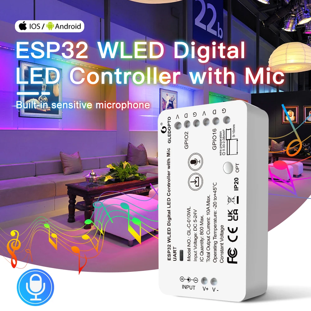 GLEDOPTO ESP32 WLED LED Controller mit Mikrofon DIY Musik dynamische Modi für WS2811 WS2812B SK6812 WS2813 WS2815 RGBIC Streifenlichter