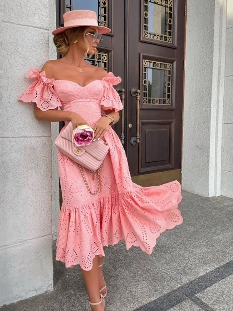 Women Sexy Off Shoulder Lace Long Dress Solid Ruffle Cutout Boho Casual Holiday Beach Elegant Party Dresses  Summer платье