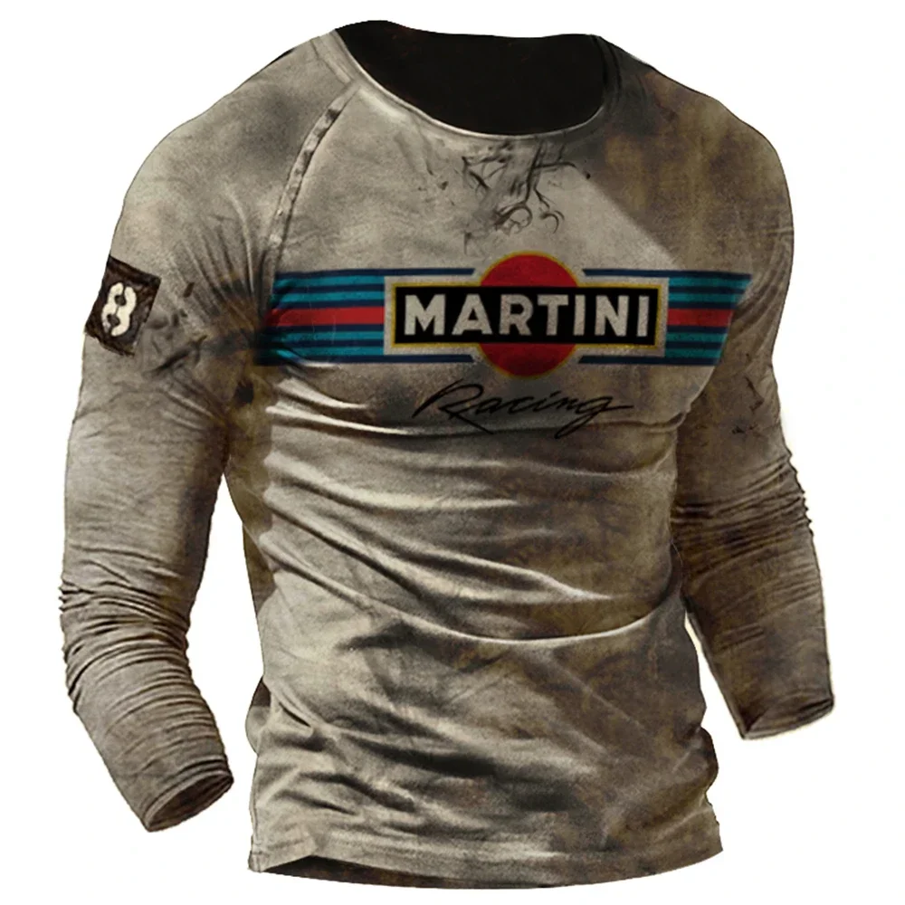 Camiseta masculina de outono e inverno para motocicleta, camiseta retrô estampada em 3D de manga comprida para motociclista, camiseta grande, masculina
