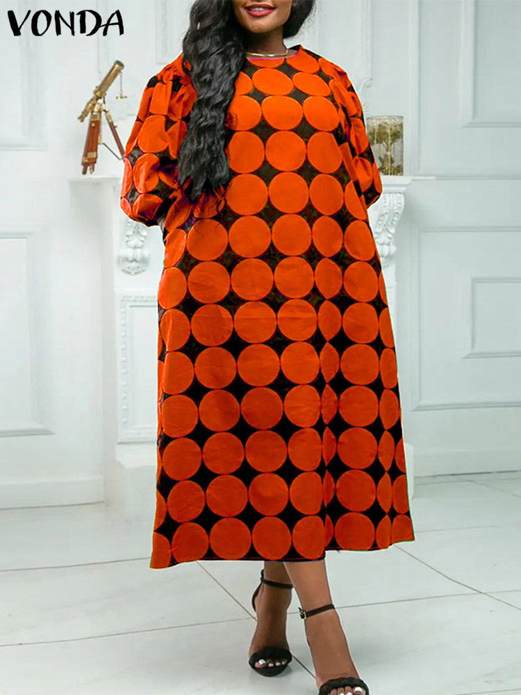 VONDA de talla grande 5XL, vestido camisero largo para mujer, vestido bohemio con estampado de puntos para fiesta, vestido veraniego de verano con mangas abullonadas, Vestidos informales sueltos