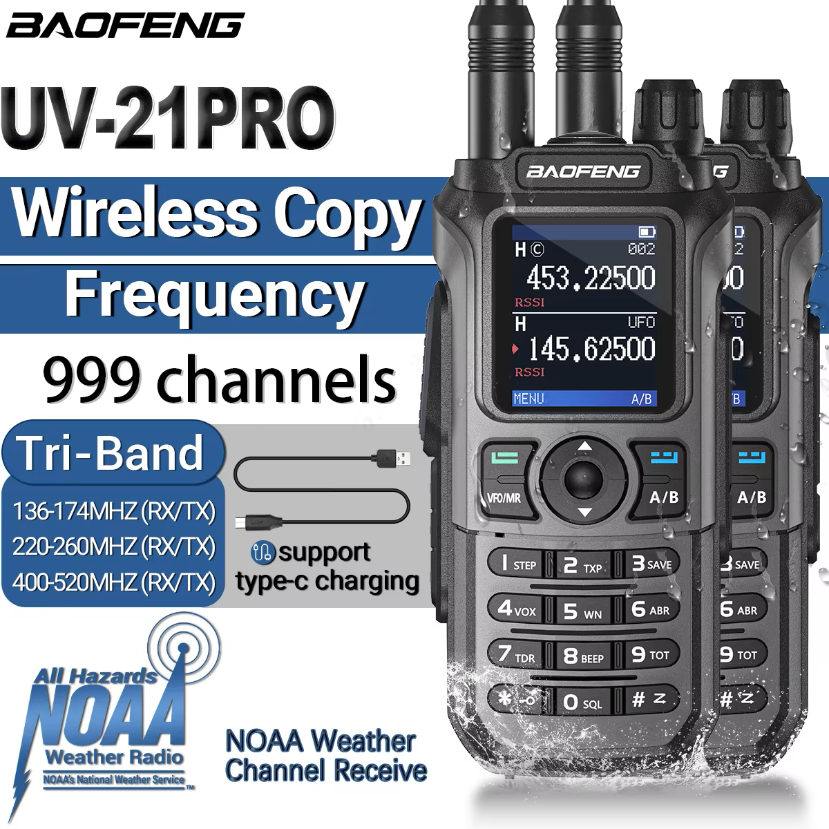 2 uds Baofeng UV-21 PRO Walkie Talkie de largo alcance copia inalámbrica frecuencia tipo C Tri banda potente impermeable V2 Radio bidireccional