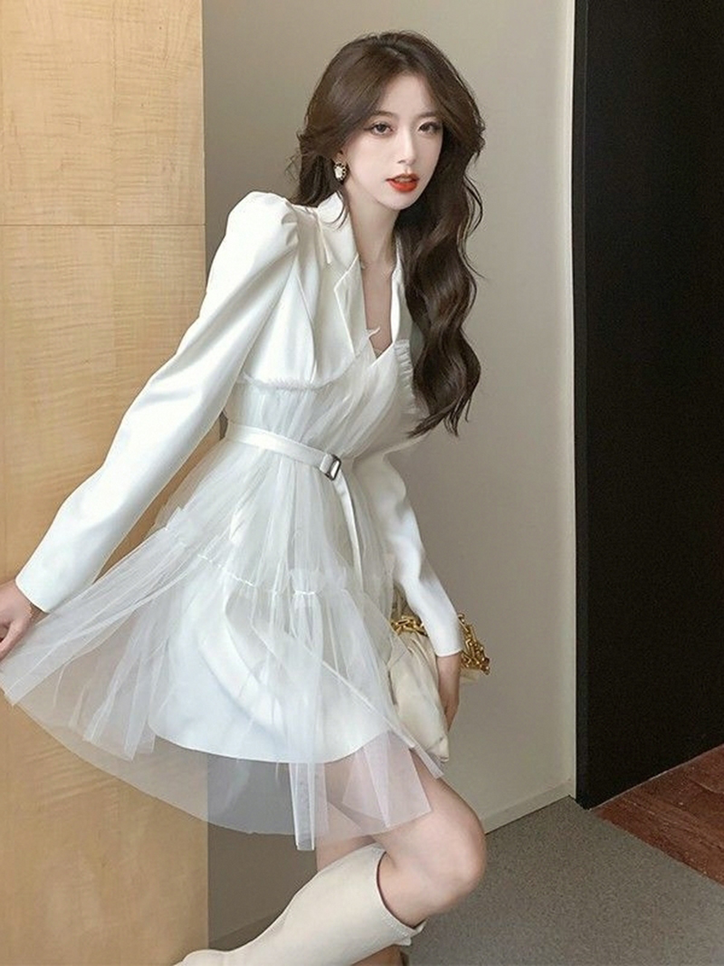 Vestido feminino terno de renda emendado estilo puro desejo com cinto, vestidos macios de luxo, primavera, outono, cintura alta, elegância francesa