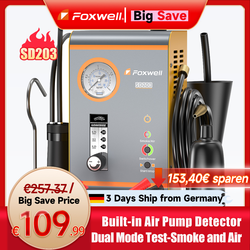 FOXWELL SD203 máquina de humo automotriz 12V bomba de aire integrada EVAP Detector de fugas de vacío probador de diagnóstico de fugas de tuberías de coche