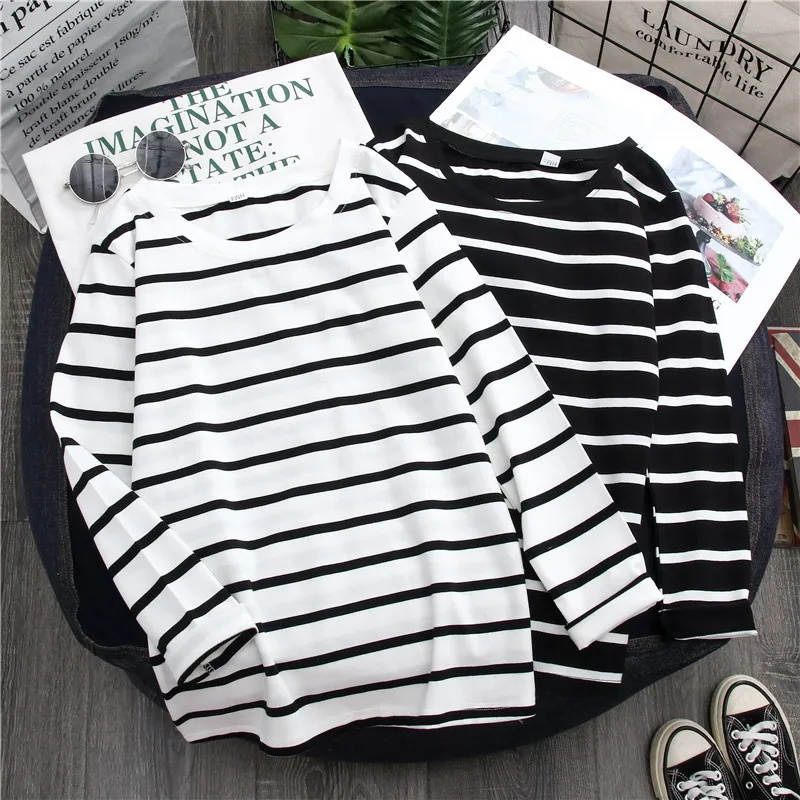 1PC 春と秋冬黒ストライプトップ外国スタイルインボトムシャツ女性長袖 Tシャツ
