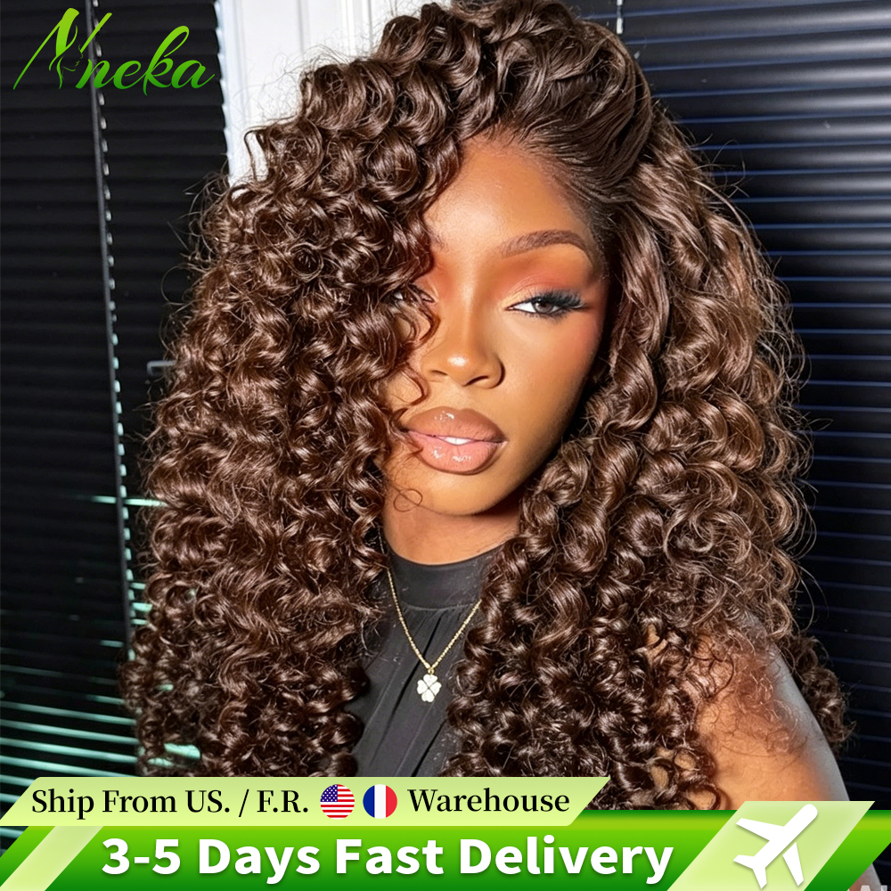Wig Rambut Asli Cokelat Gelap Deep Wave 13x6 Lace Front Wig, Water Wave 220% Density, Wig Keriting Rambut Asli, Wig Cokelat Pre Plucked