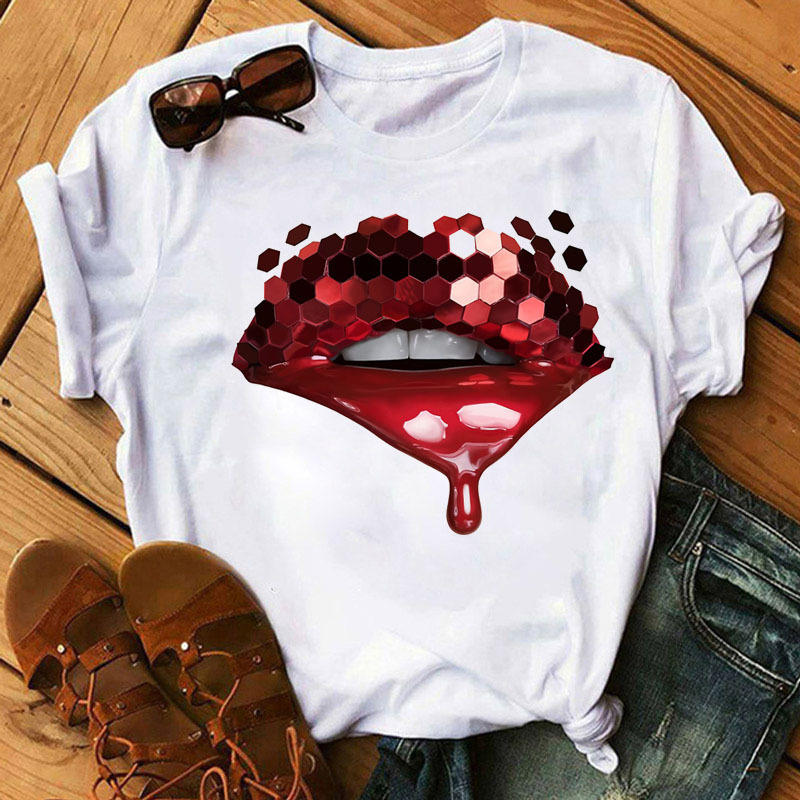 Éclatement paillettes lèvres tendance T-shirt demi manches mignon blanc à manches courtes T-shirt femme Harajuku Harajuku surdimensionné T-shirt hauts