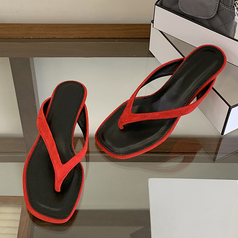 Liyke Summer Slippers Women Designer Slides Shallow Square Clip Toe Low Wedge Heels Shoes Casual Sandals Beach Flip Flops Red
