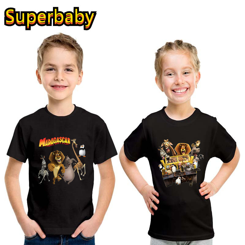 Zwierzęta madagaskaru lew Zebra nadruk z żyrafą śmieszne dzieci T shirt kreskówki dla dzieci chłopcy dziewczęta ubrania letnie dzieci bawełniana koszulka