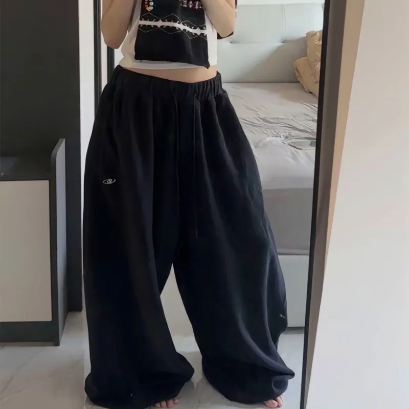 Oversize algodão mulher preto sweatpants y2k coreano streetwear solto casual jogger calças de cintura alta todos os jogos calças com cordão