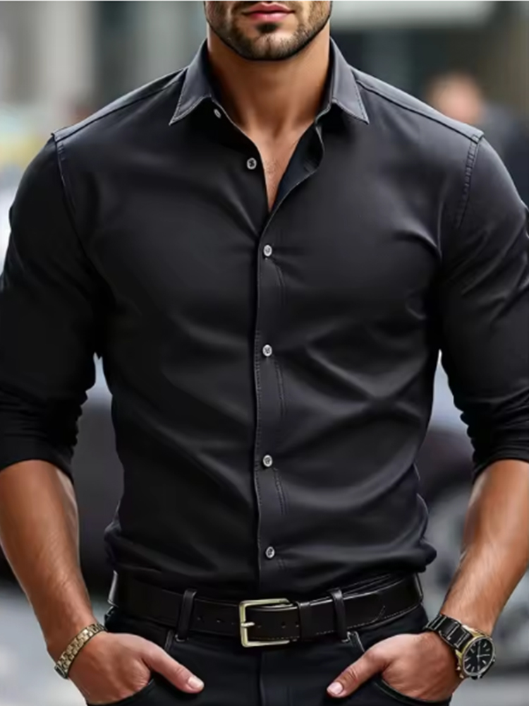 Chemise formelle pour hommes sans repassage, chemise noire business décontractée, slim et slim, couleur unie, à la mode et de haute qualité