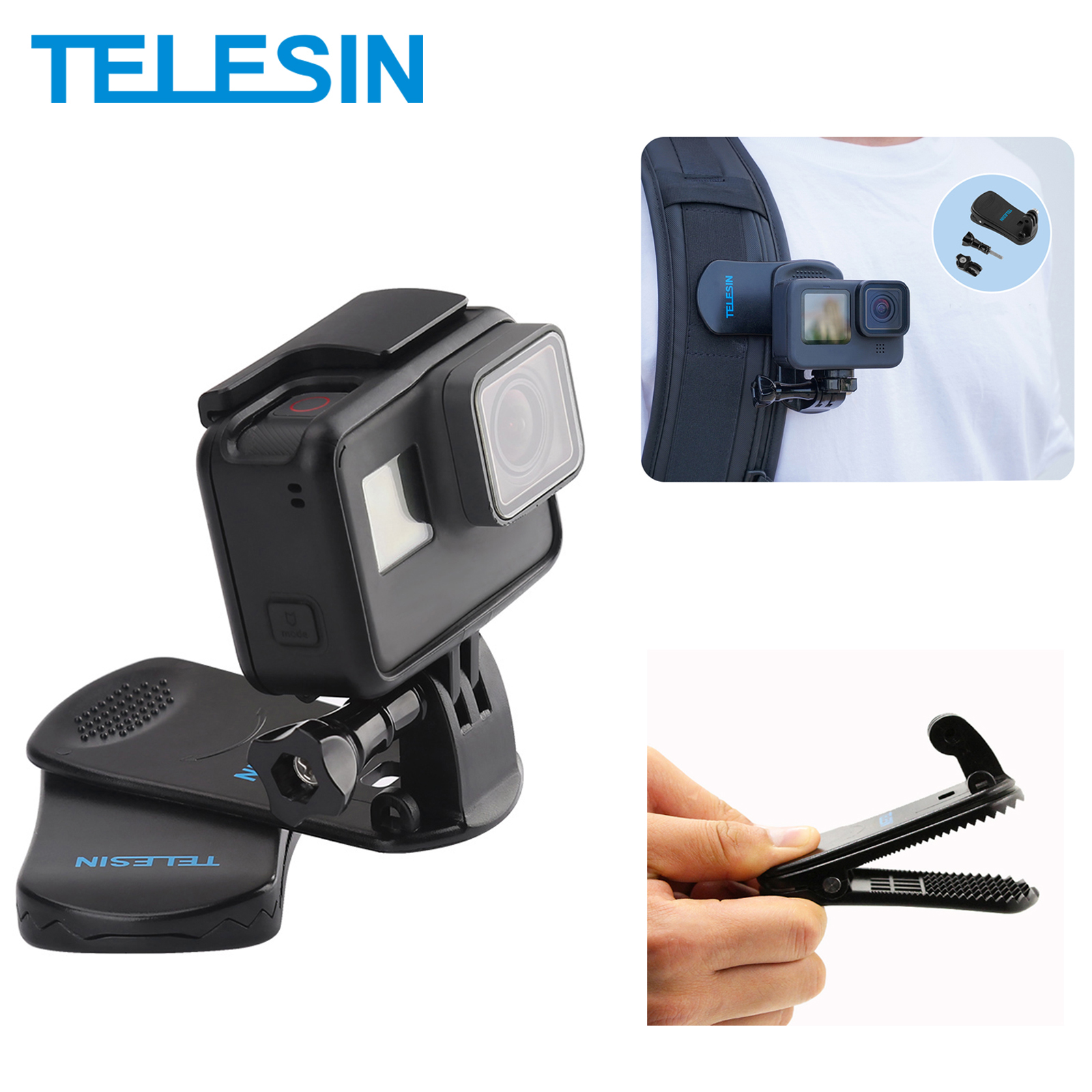 TELESIN зажим для рюкзака для GoPro Hero 13 12 11 10 9 8 7 360 поворотный зажим для DJI Osmo Action Xiaoyi Insta360 Action Carema