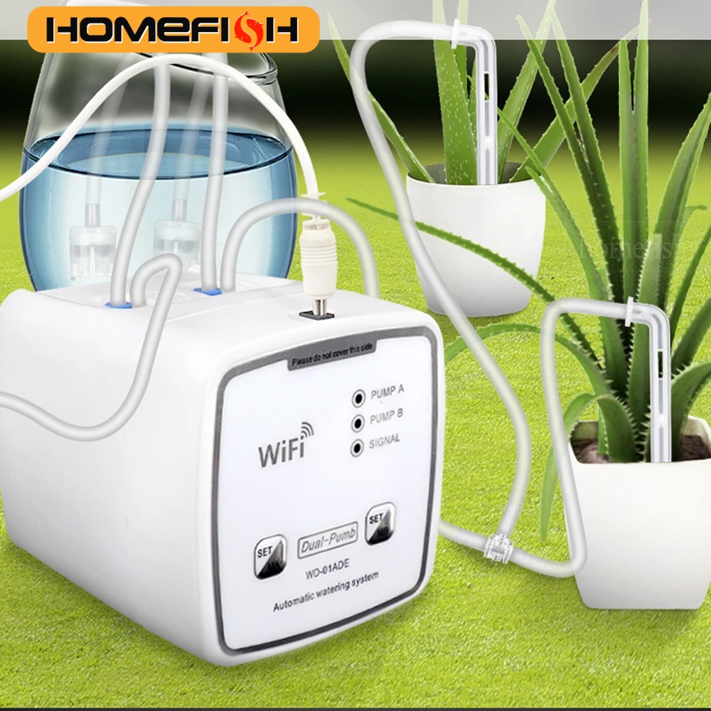 Dispositivo de rega inteligente wi-fi, bomba dupla cronometrada, sistema de irrigação por gotejamento automático, controle remoto para jardim, planta, flor