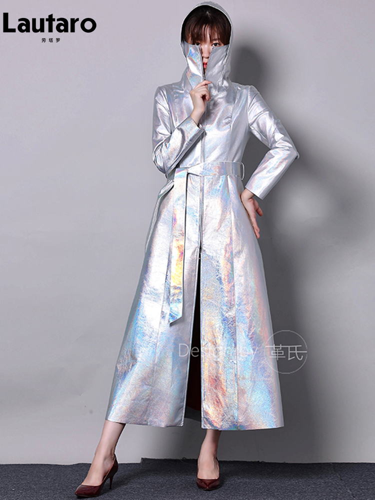 Lautaro Frühling Herbst lange Luxus glänzend reflektierende holo graphische Patent Pu Leder Trenchcoat für Frauen europäische Mode