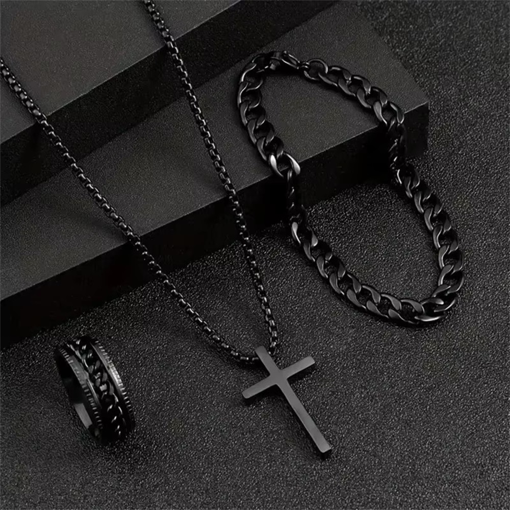 Punk Kruis Hanger Ketting Armband Ketting Ring Heren Set Eenvoudige Persoonlijkheid Hip Hop Party Driedelige Sieraden Accessoires