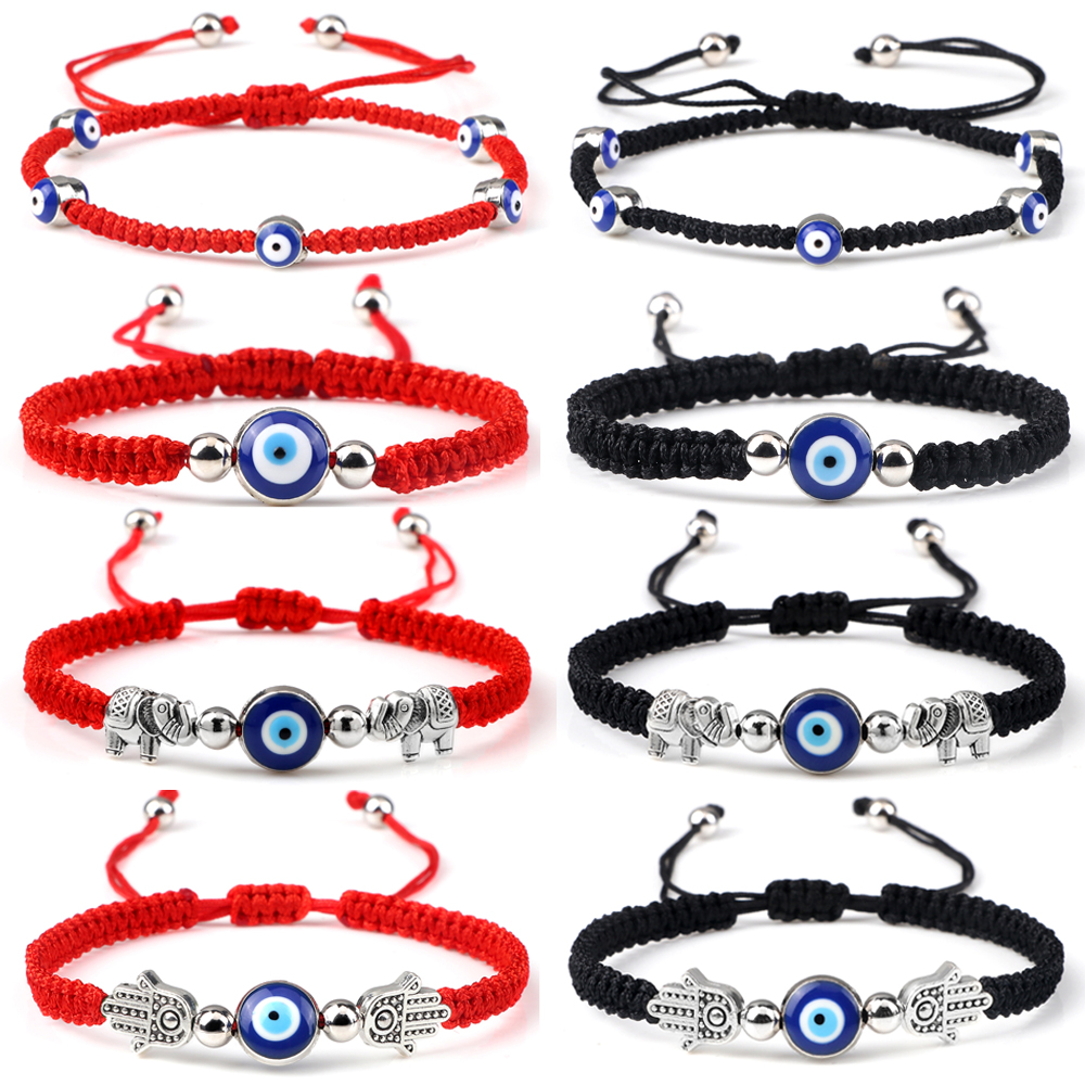 Adjustable Handmade Braided String Bracelet Women Men Blue Turkish Evil Eyes Beads Bracelet Elephant Bangle Couple Lucky Jewelry