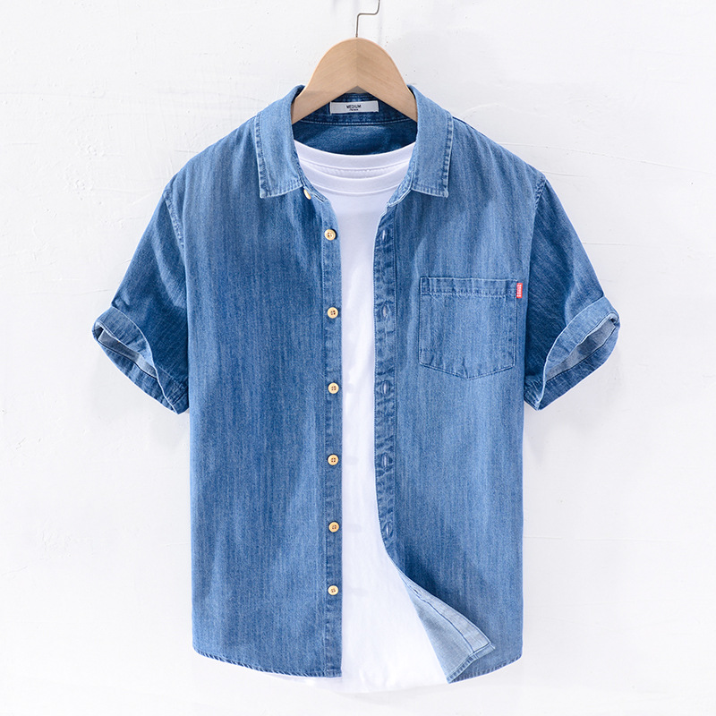 Men Denim Shirt , Thin Summer Half Sleeve Casual Top, Loose Trendy Handsome Short Sleeve ，Camping Denim Short Sleeve Jacket