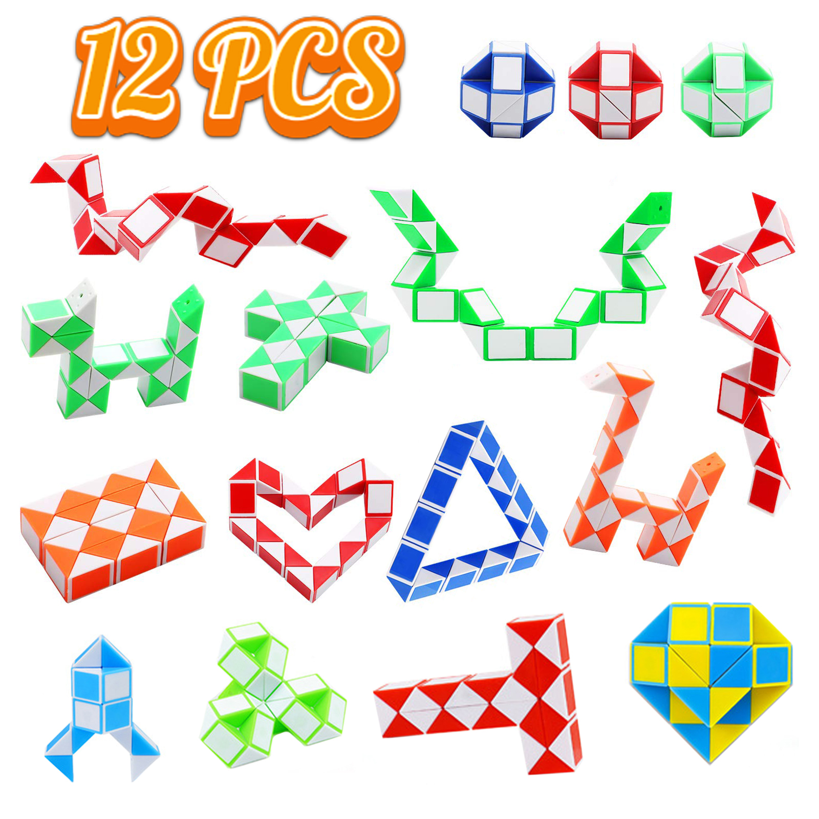 12–6 Stück, zufälliges Schlangenwürfel-Twist-Faltpuzzle, Zappelspielzeug, 24 Blöcke, magisches Lineal, Anti-Stress-Reliever-Spiel, Geschenk für Kinder und Erwachsene