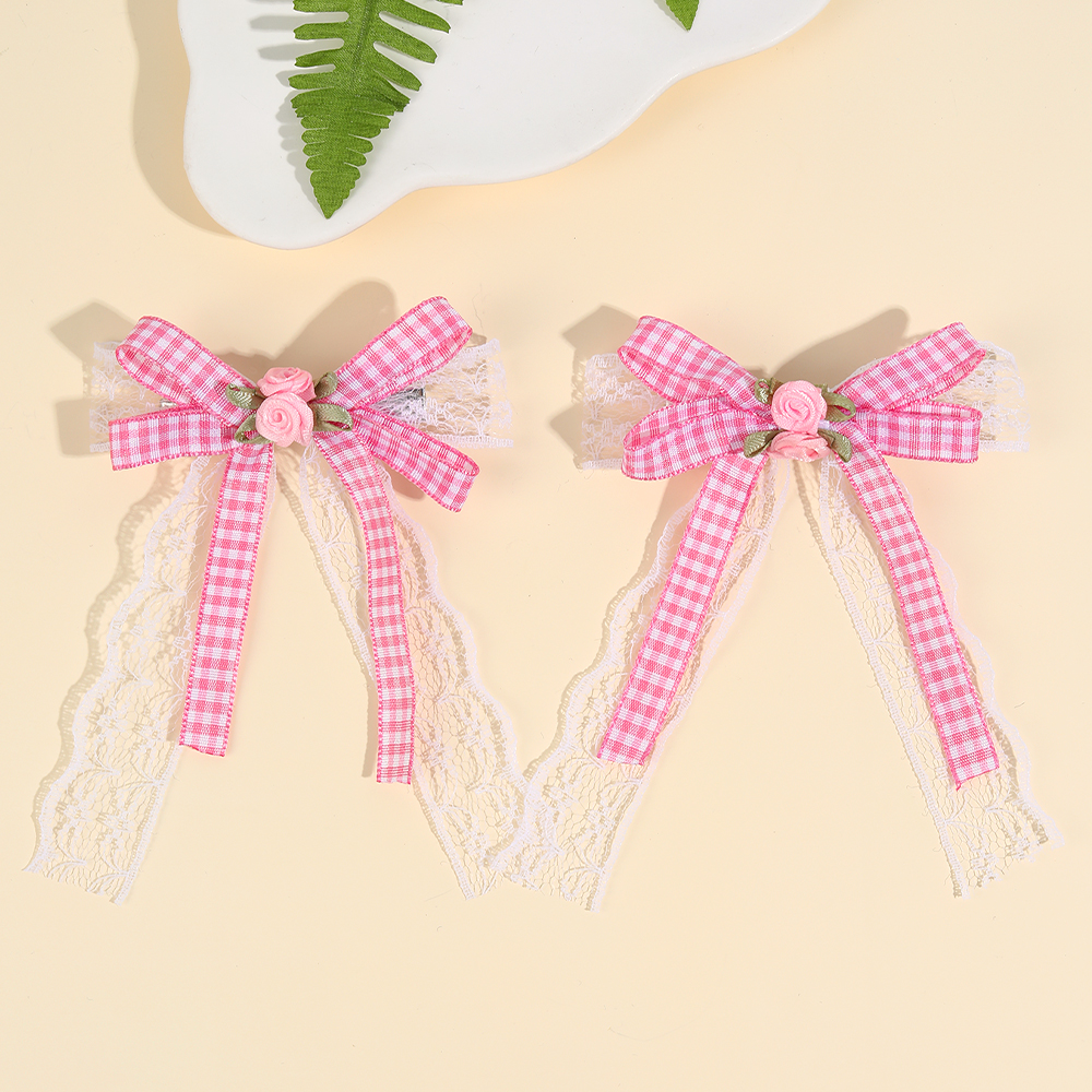 Lazo de flores a cuadros para niña, 2 piezas, accesorios para el cabello, pinzas para el pelo con lazo de encaje blanco con colas largas, regalo Ideal