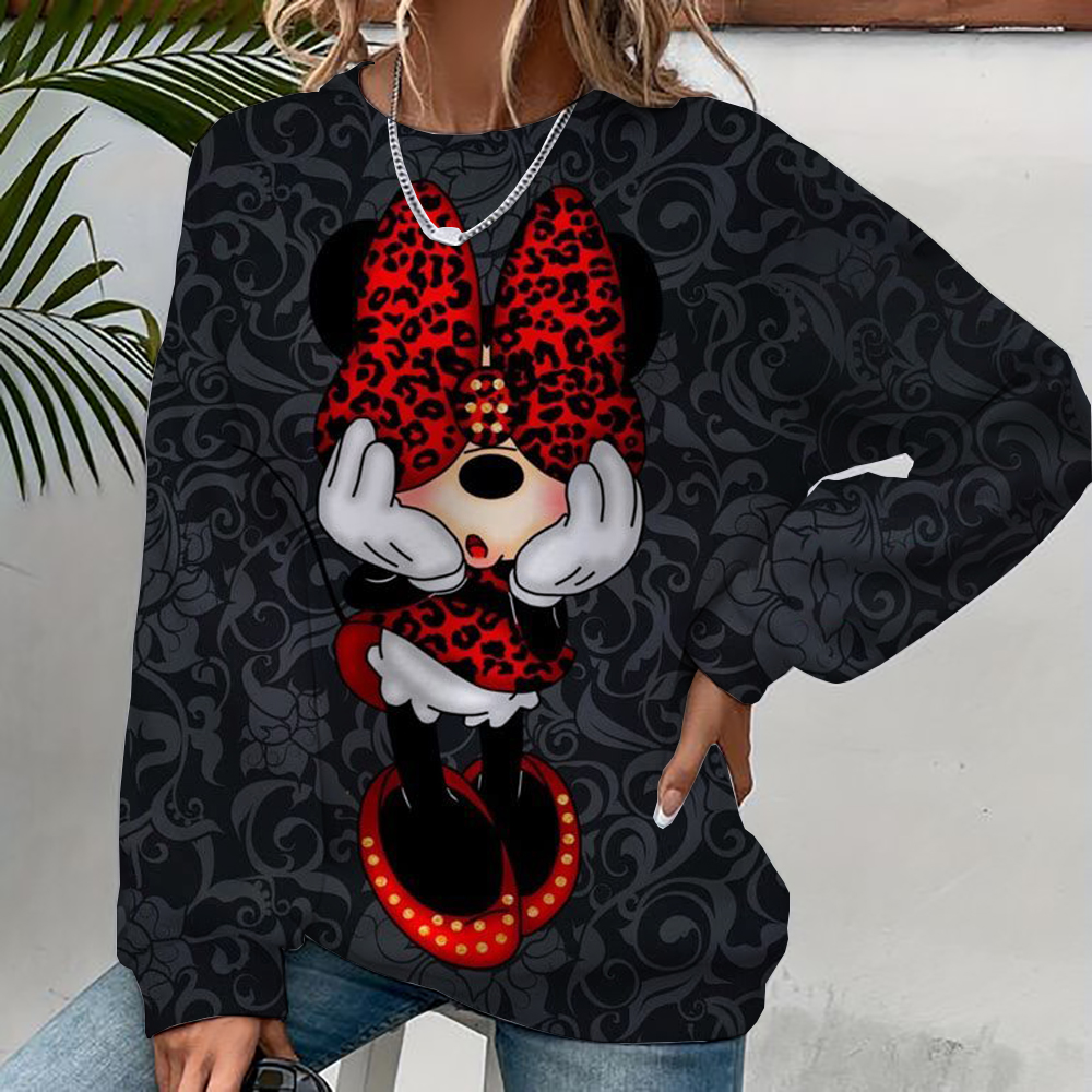 Roupa esportiva feminina casual de rua com capuz estampado de desenho animado do Mickey Mouse, suéter solto e macio, gola redonda de lã