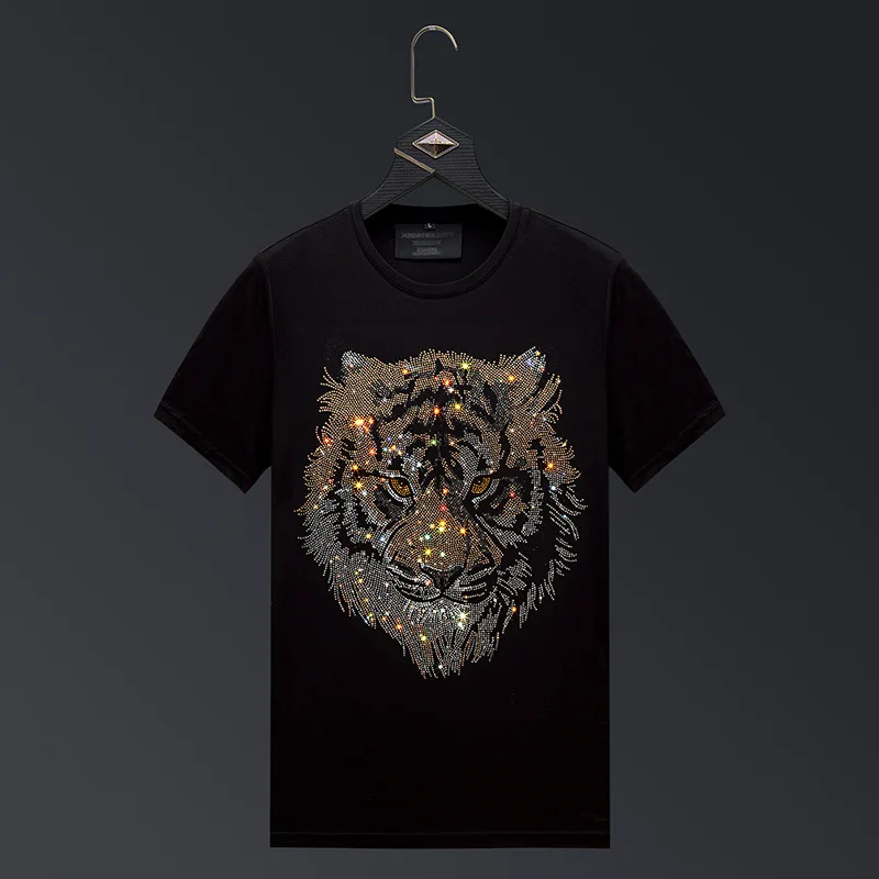 Rhinestones Tiger Cartoon T Shirts Men Summer Clothes Fashion Streetwear O Neck Short Sleeve Thin Cool T-shirts Camiseta Hombre