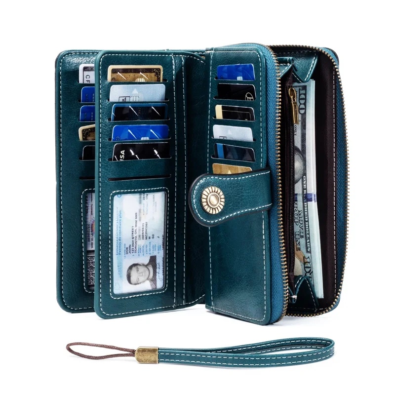 Unisex RFID-blokkerende vintage gewaxte leren lange portemonnee met grote capaciteit, ritssluiting, meerdere vakken voor kaarten en munten, handtas