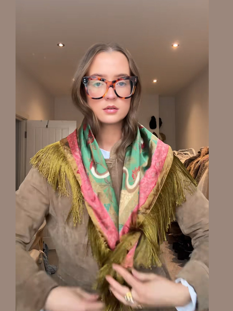 2026 Lente Vintage Gedrukte Kwastje Patchwork Vierkante Sjaal Dames Groen Mode Casual High Street Lente Sjaal