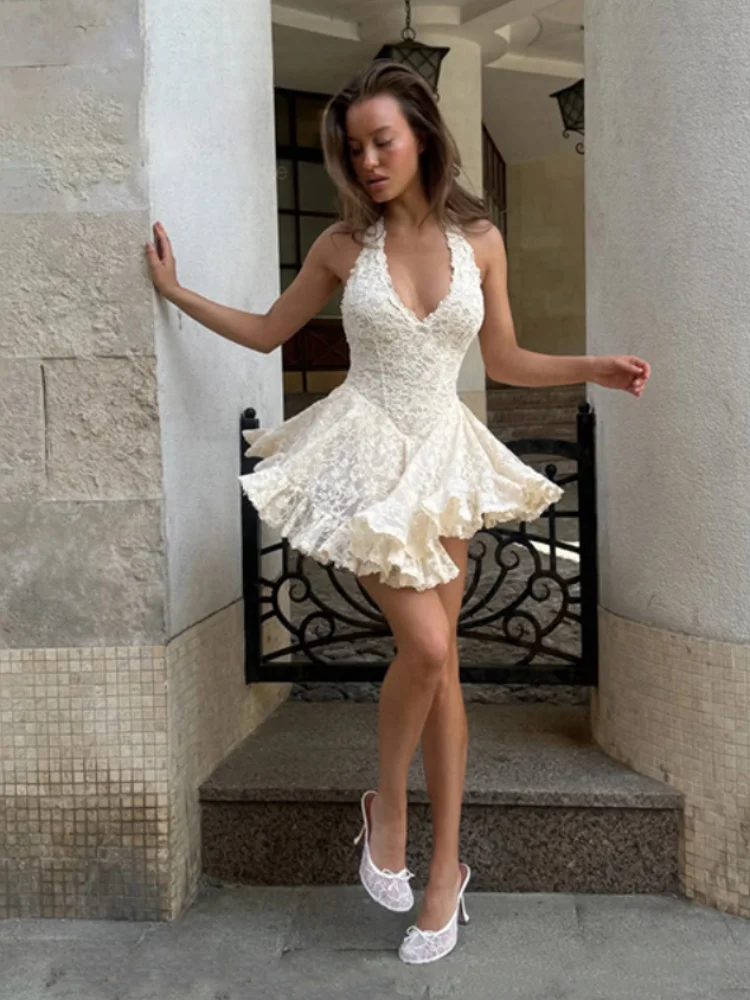 Robe Courte Sexy à Col V Profond et Dos Nu en Dentelle, Cintrée à la Taille, Style Halter, pour Vacances d'Été 2026 et Rendez-vous Galants