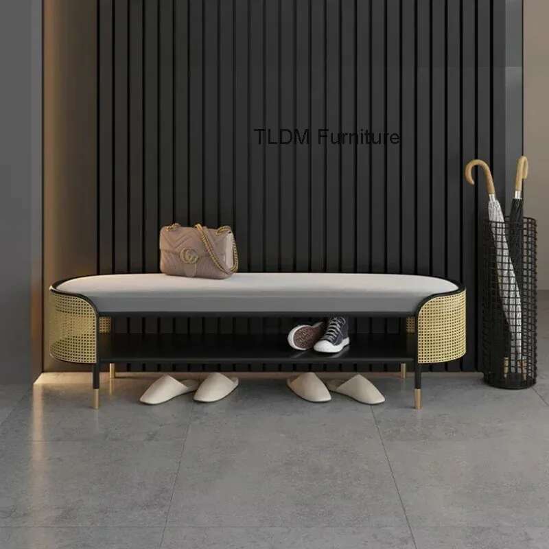 Modern Simple Ottoman for Entrance Hall Long Hollow with Cushion Stools Light Luxury Metal Household Hallway Ottoman for Hotel H