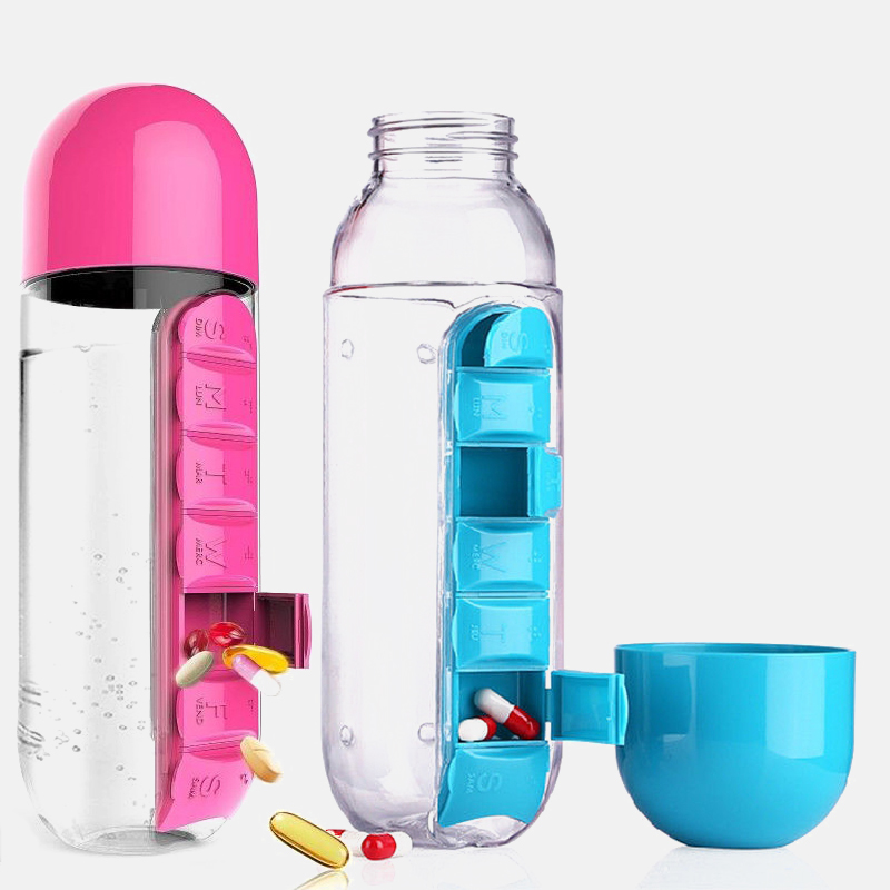 2 in 1 600 ml 7 Grids Medizin Box Wasser Tasse Sport Kunststoff Wasser Flasche Kombinieren Täglichen Pille Boxen Organizer trinken Flaschen