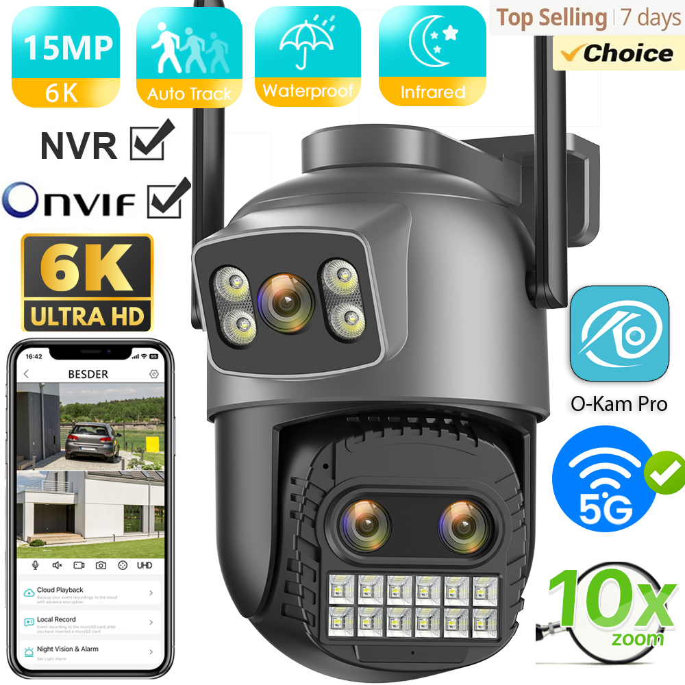 BESDER 6K 15MP Kamera IP Ochrona bezpieczeństwa Zewnętrzna kamera IR 100M WiFi 10X Zoom Podwójny ekran Kamera PTZ Automatyczne śledzenie Nadzór