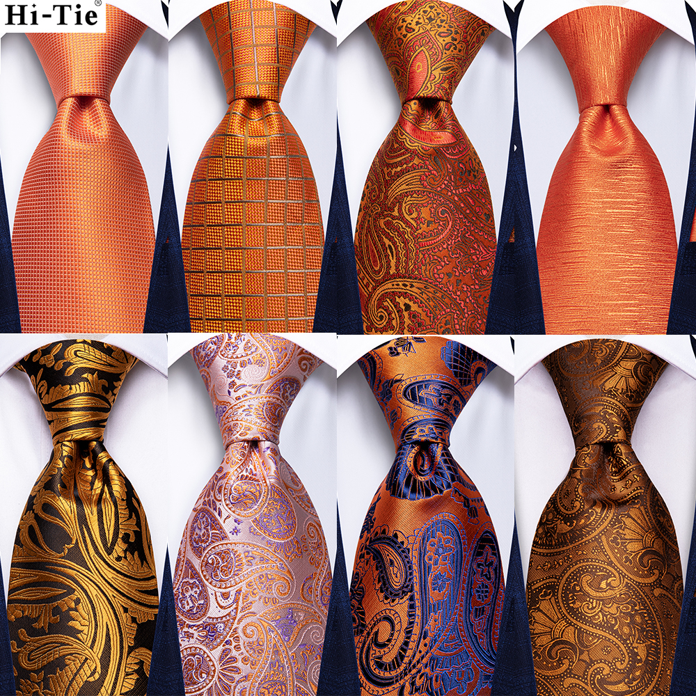 Hi-Tie Oranje Effen Paisley Heren Stropdas Set Zijden Bruiloft Stropdas Voor Mannen Nieuwe Mode Ontwerper Kwaliteit Hanky manchetknopen Set Dropshipping