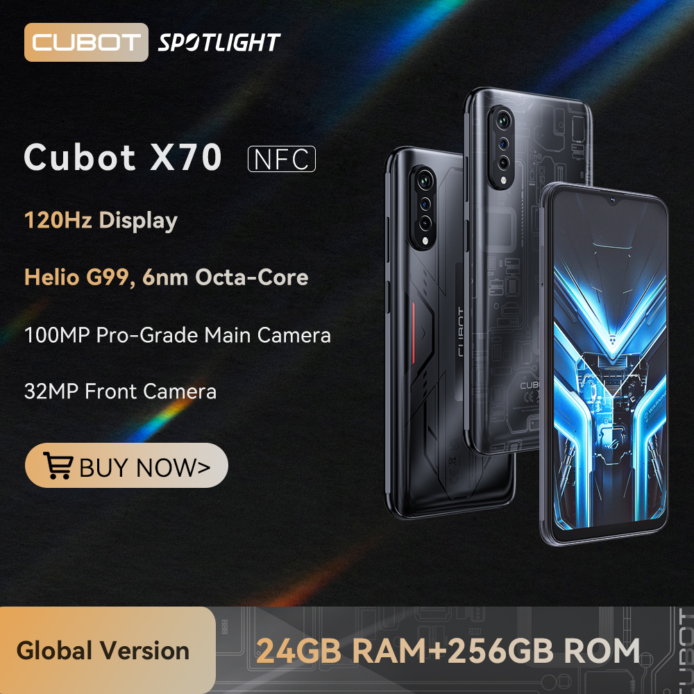 Cubot X70, สมาร์ทโฟน Android 13, Helio G99, แปดคอร์, 120Hz 6.583 นิ้ว FHD+ หน้าจอ, กล้อง 100MP, กล้องเซลฟี่ 32MP, 24GB RAM (ขยาย 12GB + 12GB), ROM 256GB(รองรับการขยายสูงสุด 1TB),NFC,5200mAh, 4G smartphone, เวอร์ชันสากล