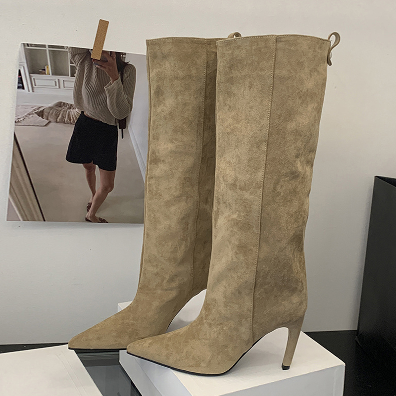 Liyke Otoño Invierno moda delgada hasta la rodilla botas mujeres Sexy puntiagudas Zapatos De tacón bajo fino botines largos Mujer Zapatos De Mujer