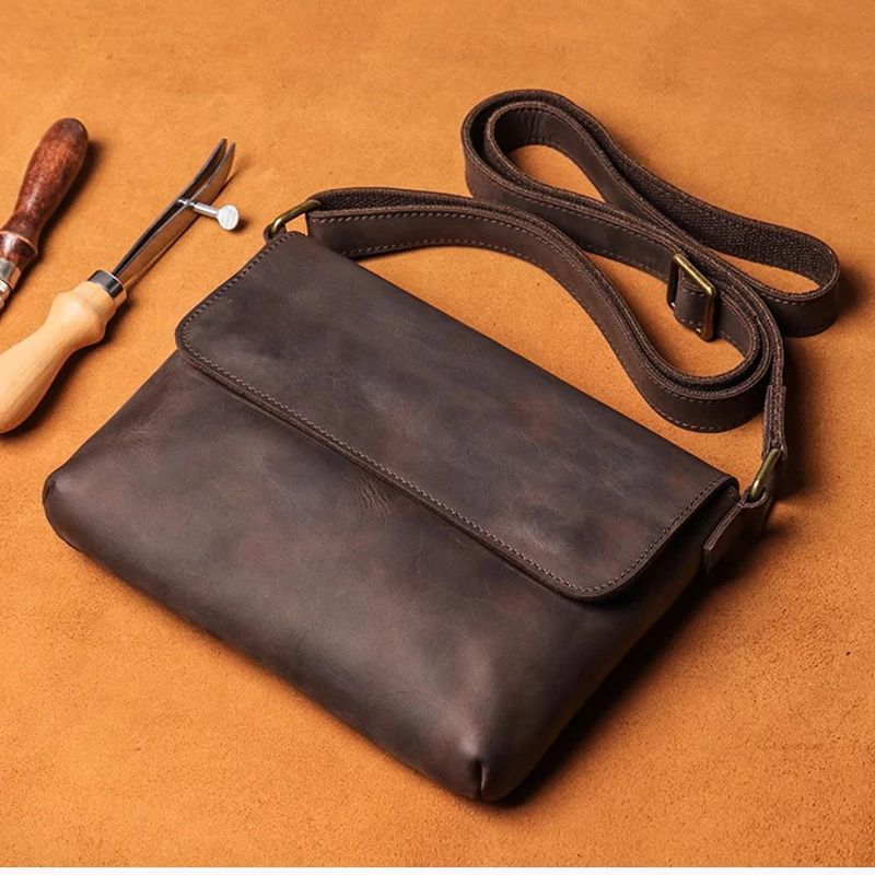 Tas Kulit Sapi Pria Tas Bahu Modis dengan Penutup Tas Ponsel iPad 7.9 Inci Tas Selempang Kulit Antik Hadiah untuk Suami