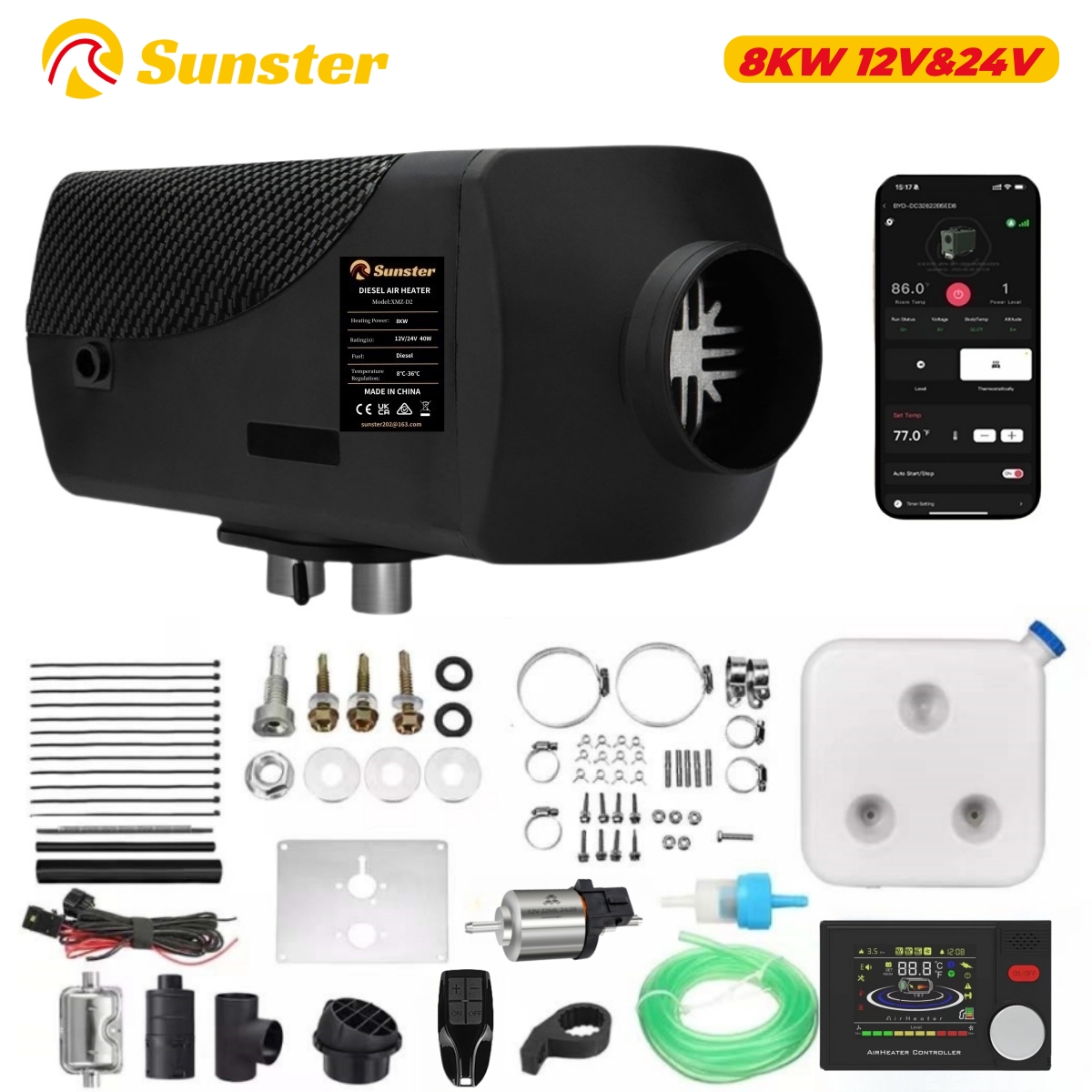 8kW 12V&24V Ultra Cichy Dieselowy Grzejnik Nocny Grzejnik Powietrza Diesel z Aplikacją Bluetooth/Dysplejem LCD/Pilotem do Kampera Garażu
