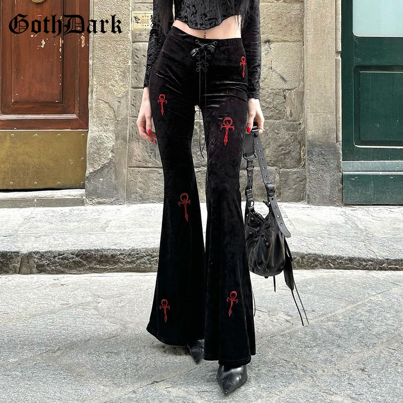 Goth escuro veludo cintura alta alargamento calças harajuku moda cruz bordado macio longo calça feminina outono shopping gótico calças finas