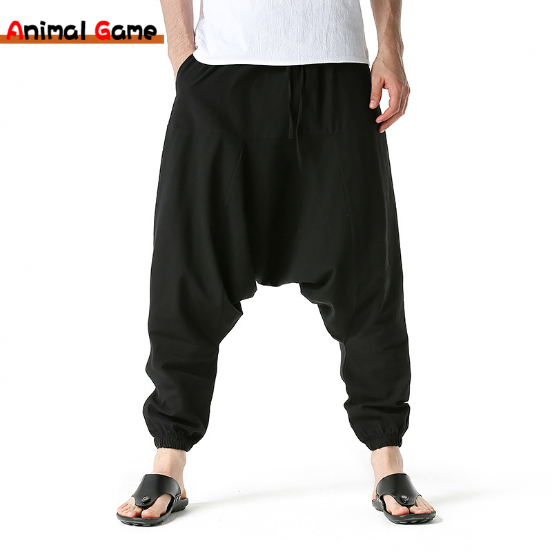 Calça masculina hiphop harém baggy casual yoga solta calça de virilha caída