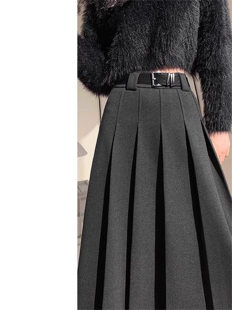 Gray Woolen Skirt Women's High Waist Slimming Drapey Midi A-Line Skirt Commute Style Korean Version No  Zipper Pocket