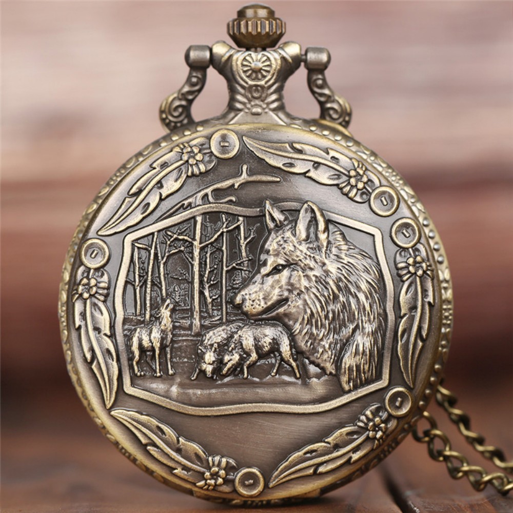 Relógio de bolso de quartzo com alívio de cabeça de animal de lobo de bronze vintage com pingente de corrente de colar ótimo presente para relógio infantil masculino