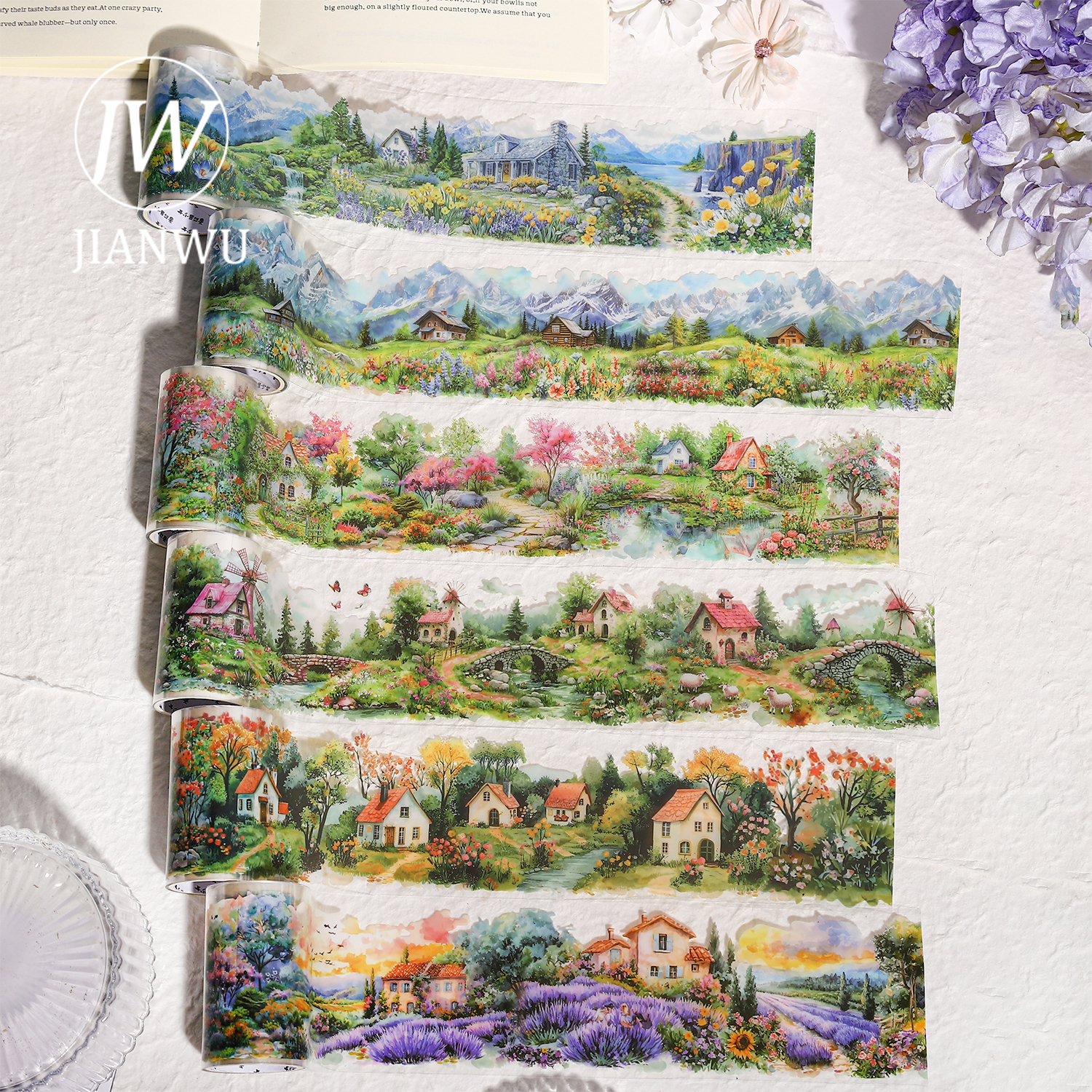 JIANWU 65mm*200cm A Small Town in The Wild Series Vintage Flower Landscape Material Collage PET Tape Creative Journal Statement
