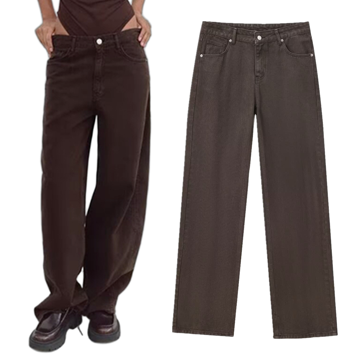 Maxdutti Mode Damen Pendeln Mom Jeans Minimalistische Retro Braun Gewaschene Denim Hosen Mittlere Taille Gerade Jeans Frauen